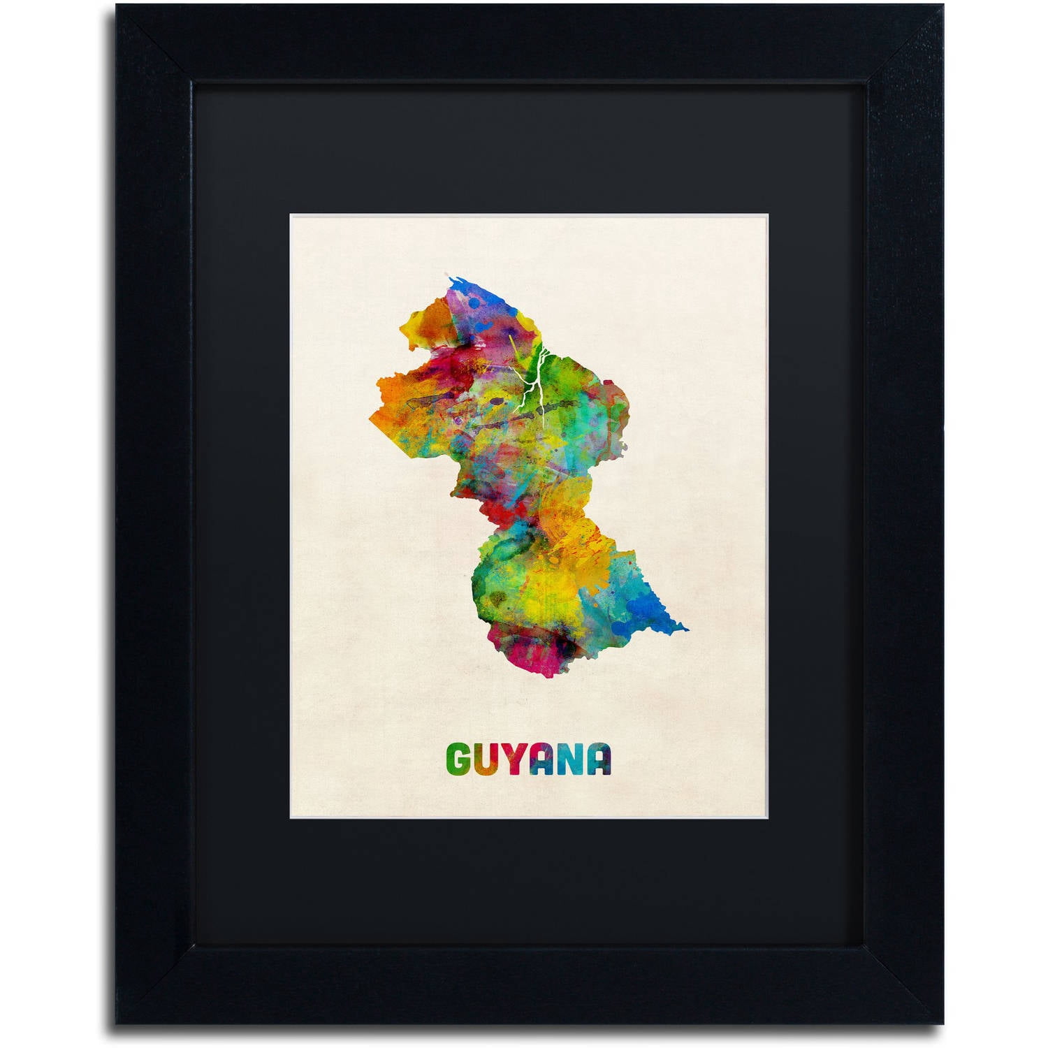 Trademark Fine Art ''Guyana Watercolor Map'' by Michael Tompsett 16" x 20" Black Matted Black Frame (MT0743-B1620BMF)