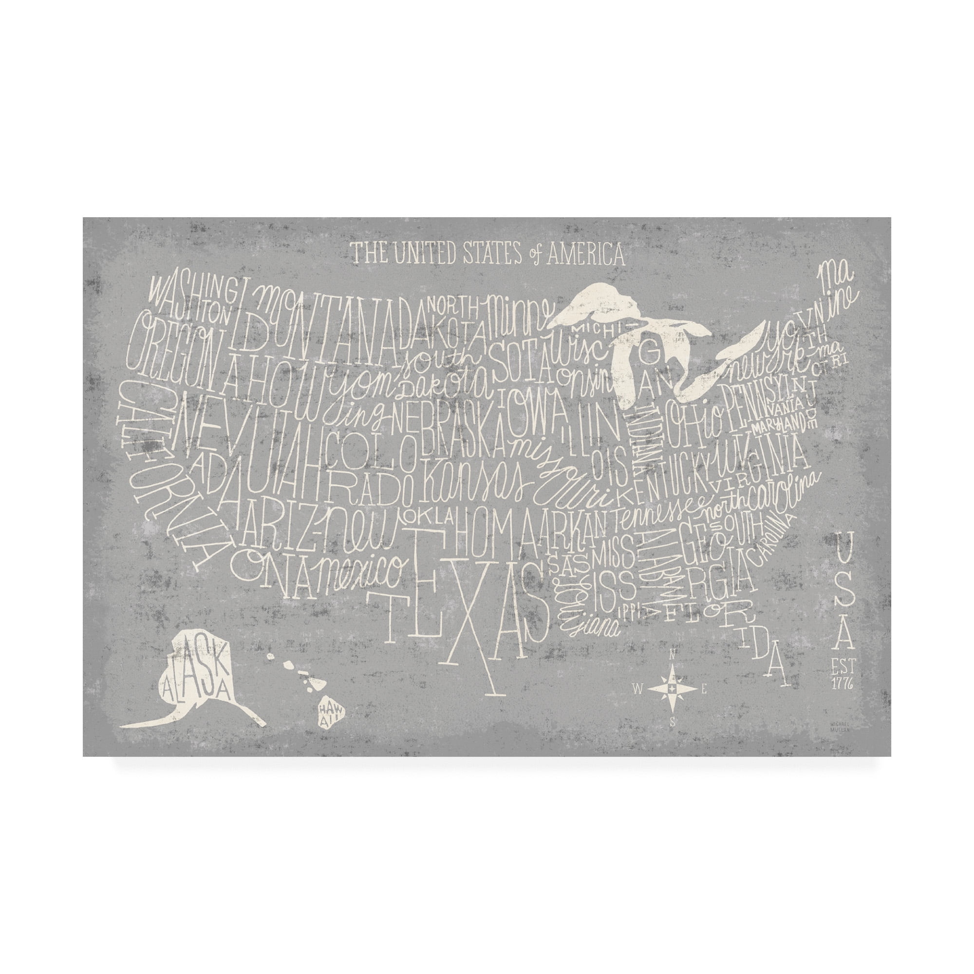 Trademark Fine Art 'Hand Lettered USA Map Gray' Canvas Art by Michael Mullan