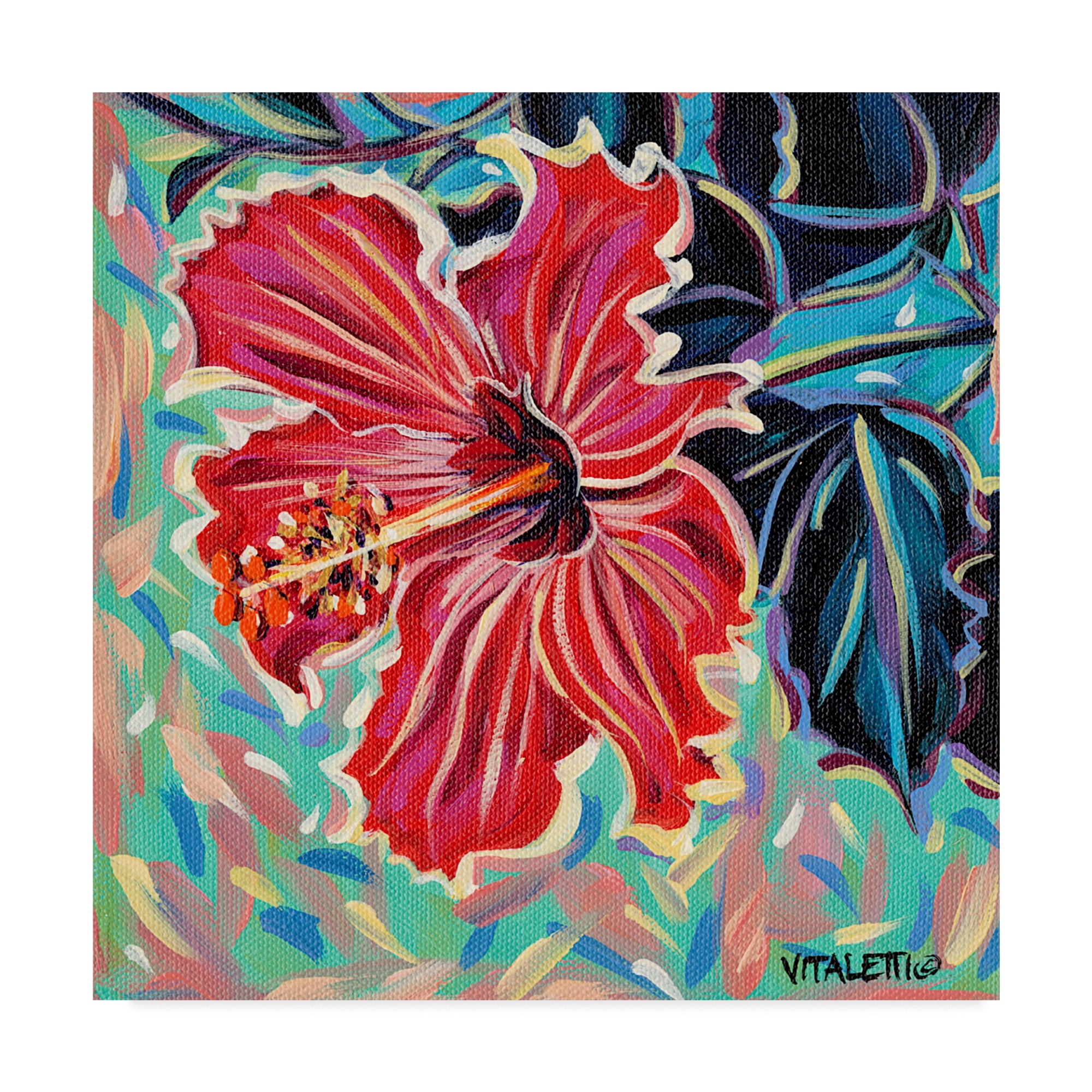 Vibrant Red Floral Canvas Art with Green Leaves, 14 x 14
