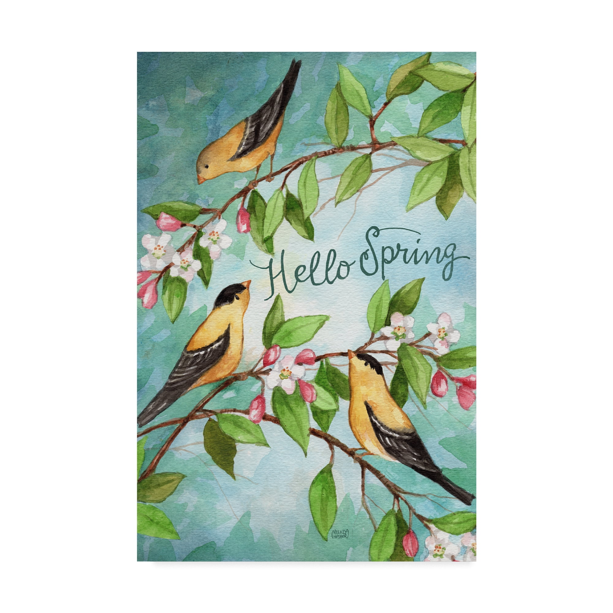 Hello Spring Yellow Finch Canvas Art on Blue Background