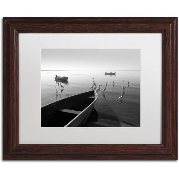 Trademark Fine Art "Herons and 3 Boats" Canvas Art by Moises Levy White Matte, Wood Frame