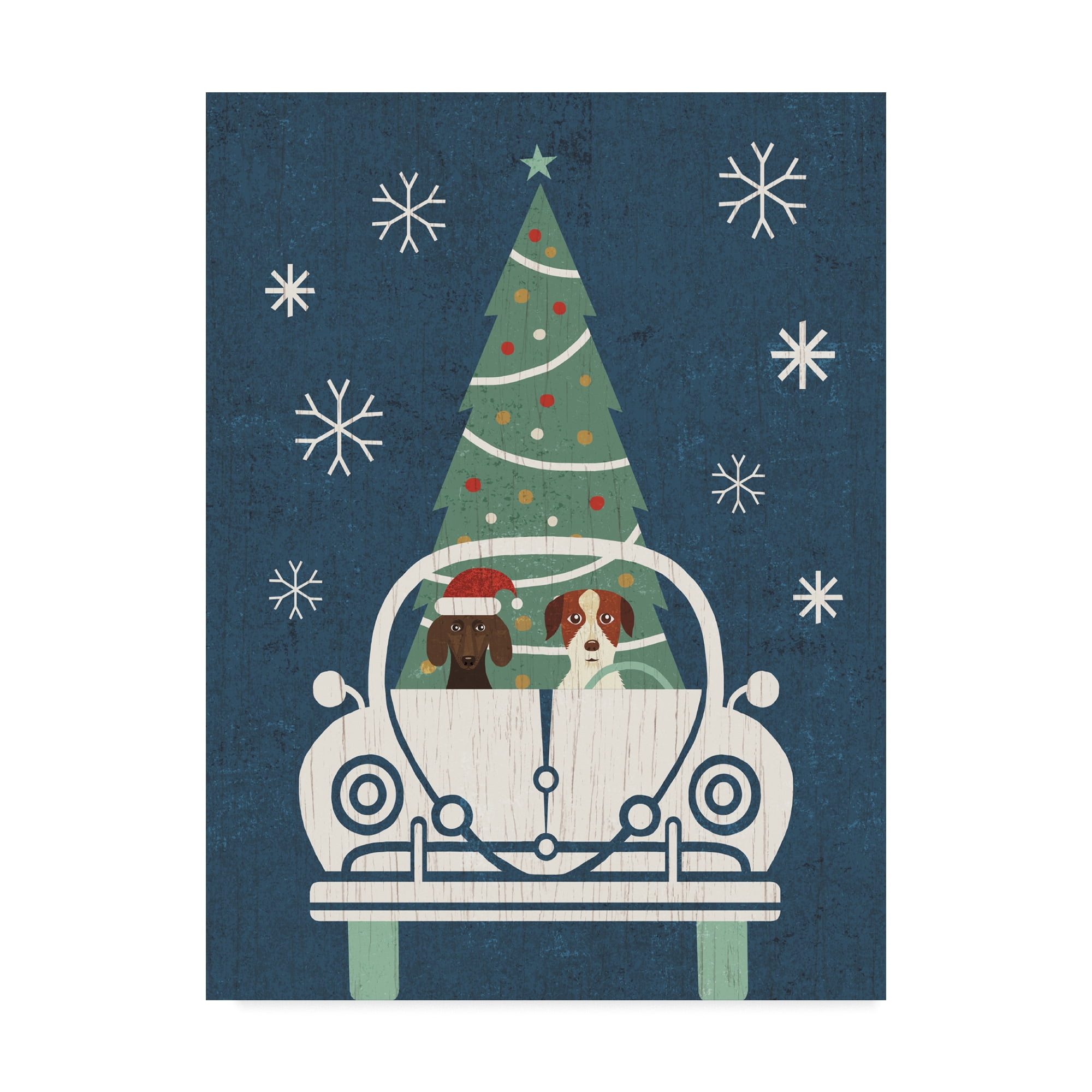 Navy Canvas Art with Dogs and Christmas Tree in Car
