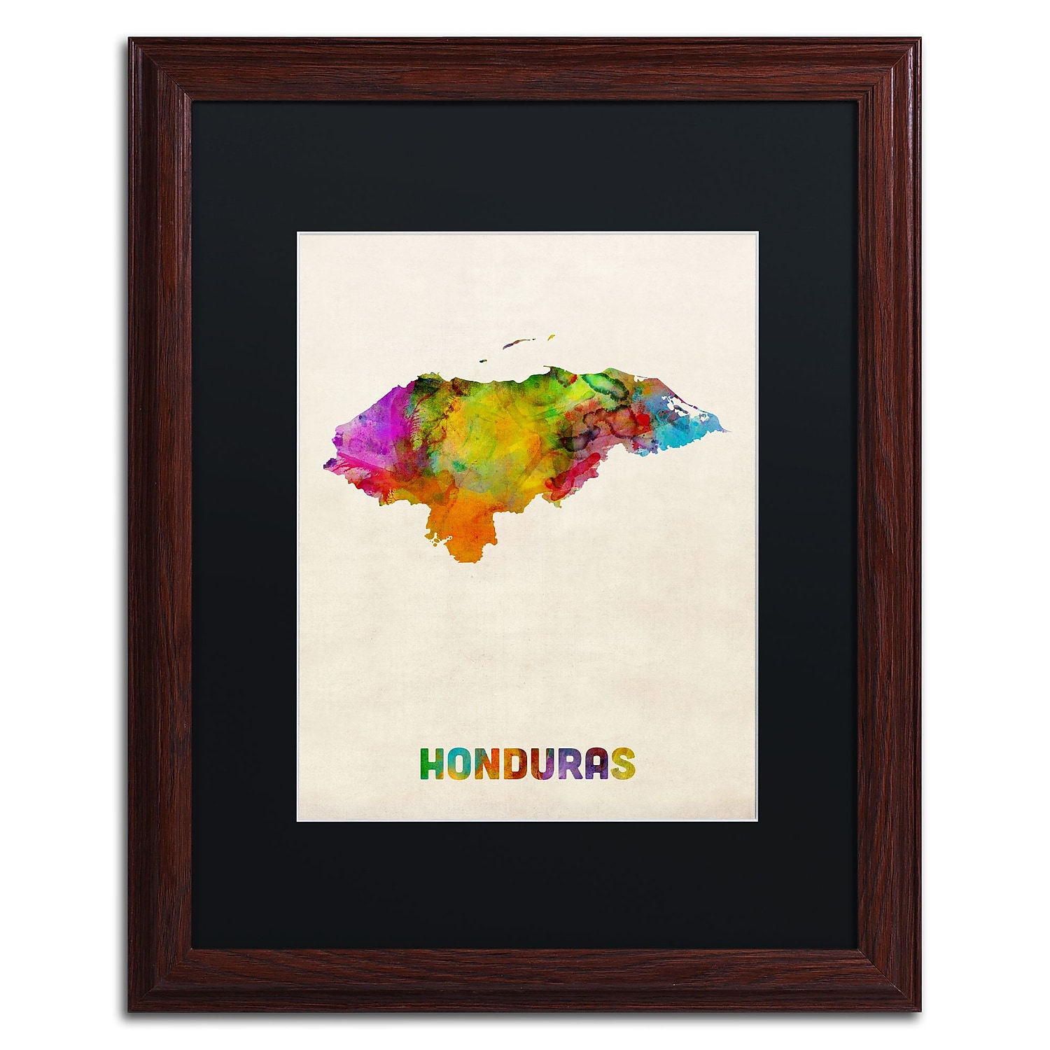 Trademark Fine Art "Honduras Watercolor Map" Canvas Art by Michael Tompsett Black Matte, Wood Frame