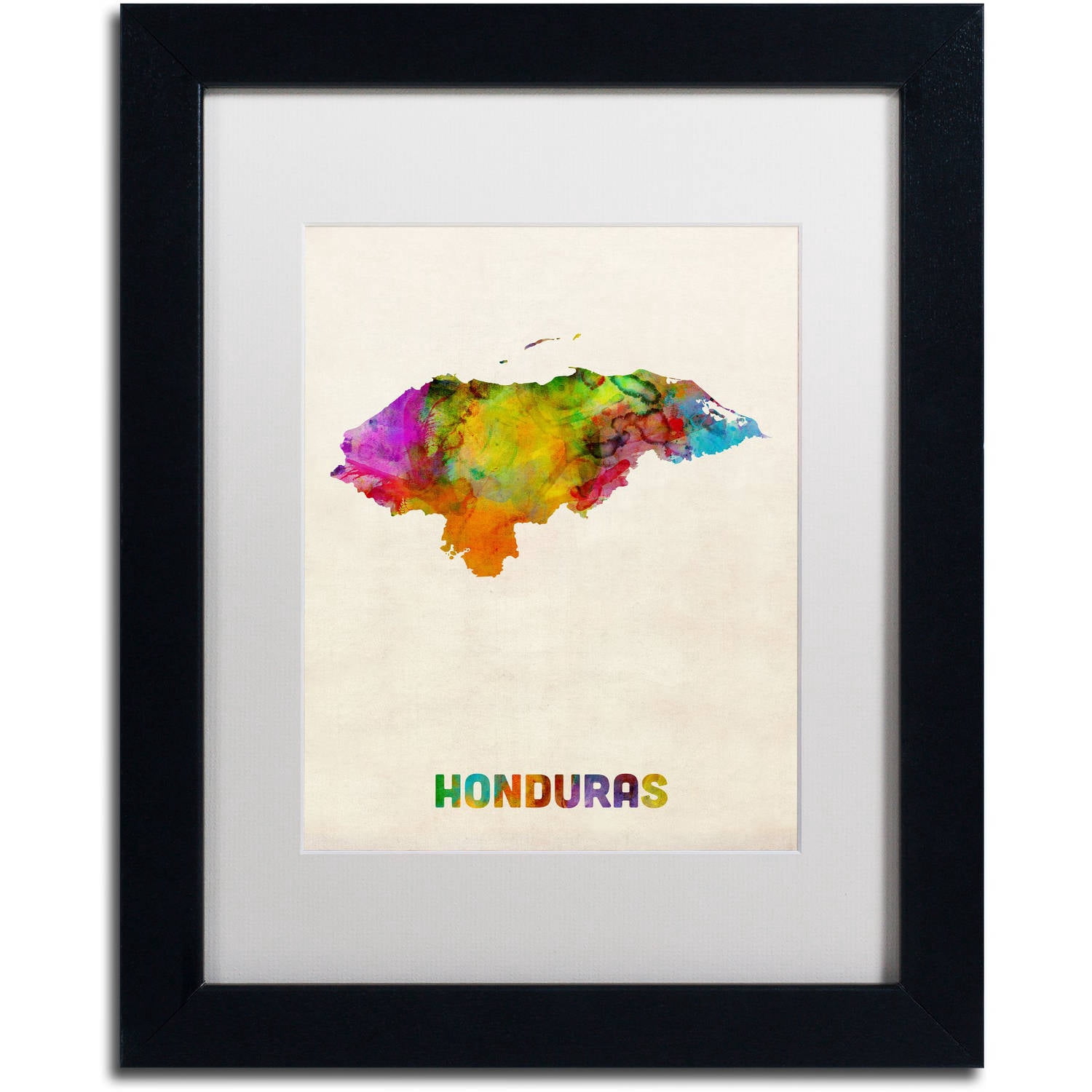 Trademark Fine Art "Honduras Watercolor Map" Canvas Art by Michael Tompsett White Matte, Black Frame