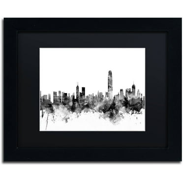 Trademark Fine Art "Hong Kong Skyline B&W" Canvas Art by Michael Tompsett, Black Matte, Black Frame