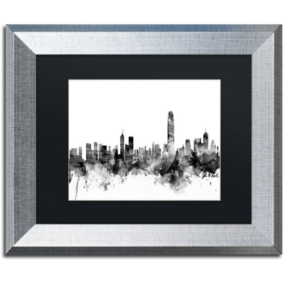 Trademark Fine Art "Hong Kong Skyline B&W" Canvas Art by Michael Tompsett, Black Matte, Silver Frame