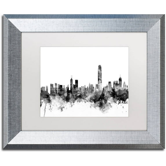 Trademark Fine Art "Hong Kong Skyline B&W" Canvas Art by Michael Tompsett, White Matte, Silver Frame