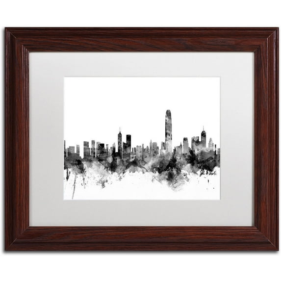 Trademark Fine Art "Hong Kong Skyline B&W" Canvas Art by Michael Tompsett, White Matte, Wood Frame