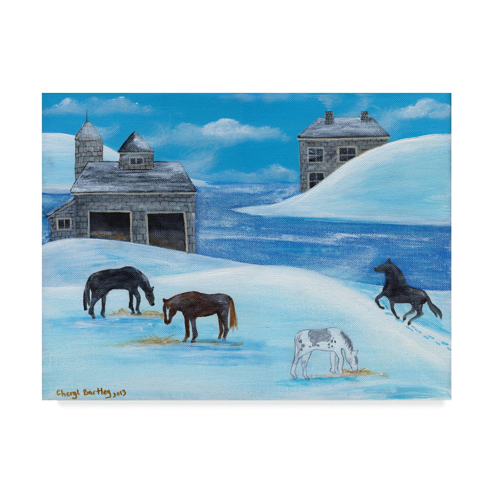 Trademark Fine Art 'Horses In Snow By River Folk Art' Canvas Art by Cheryl Bartley