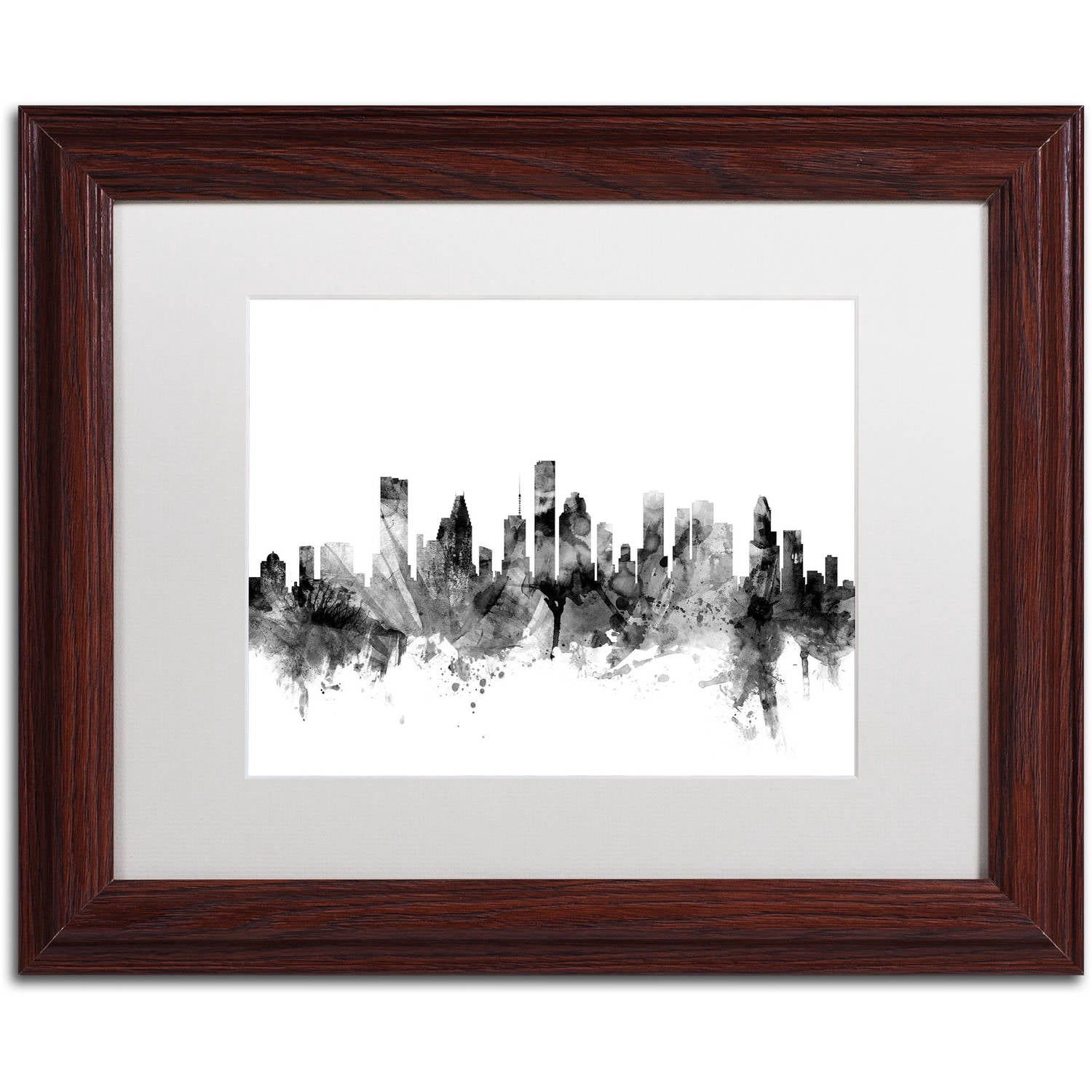 Trademark Fine Art "Houston Texas Skyline B&W" Canvas Art by Michael Tompsett, White Matte, Wood Frame