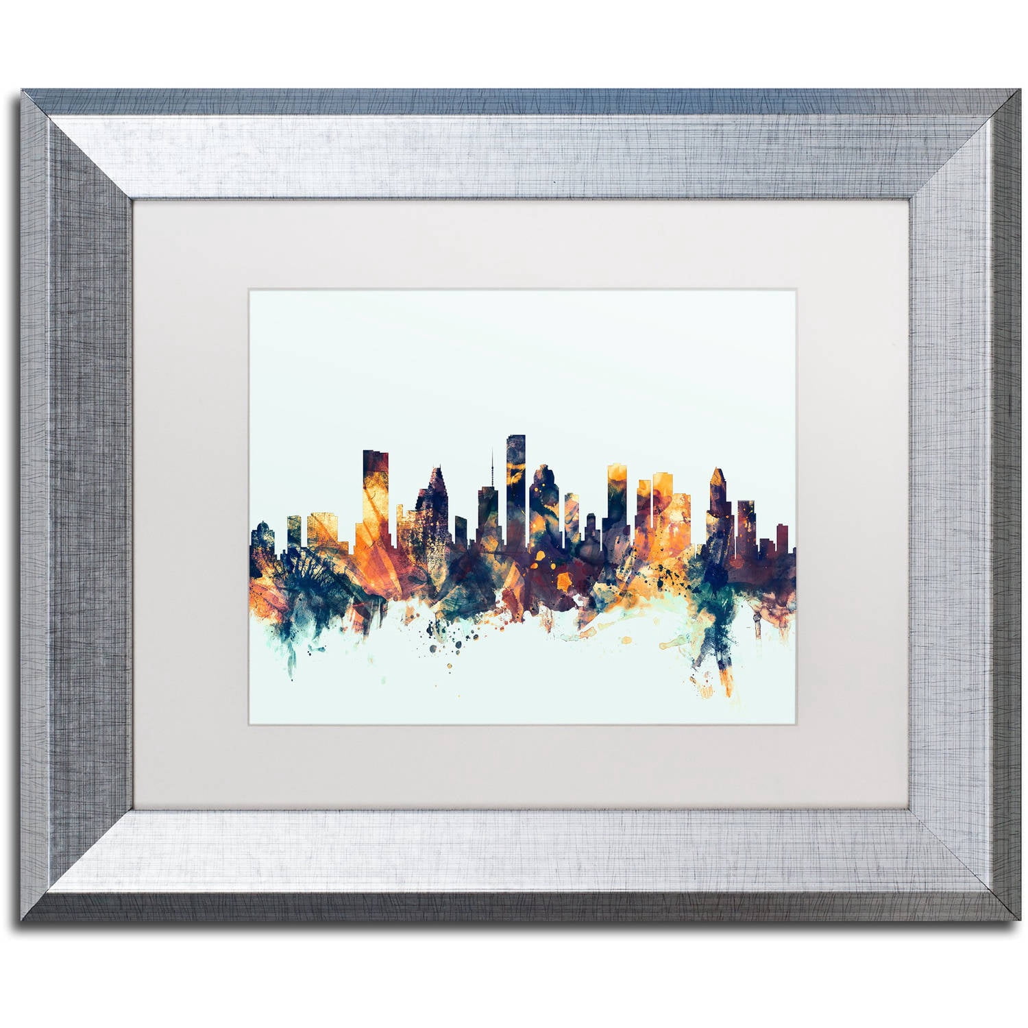 Trademark Fine Art "Houston Texas Skyline Blue" Canvas Art by Michael Tompsett, White Matte, Silver Frame