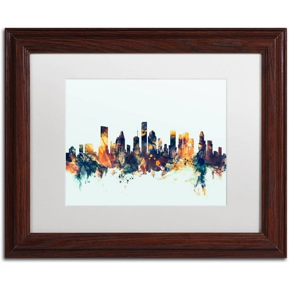 Trademark Fine Art "Houston Texas Skyline Blue" Canvas Art by Michael Tompsett, White Matte, Wood Frame