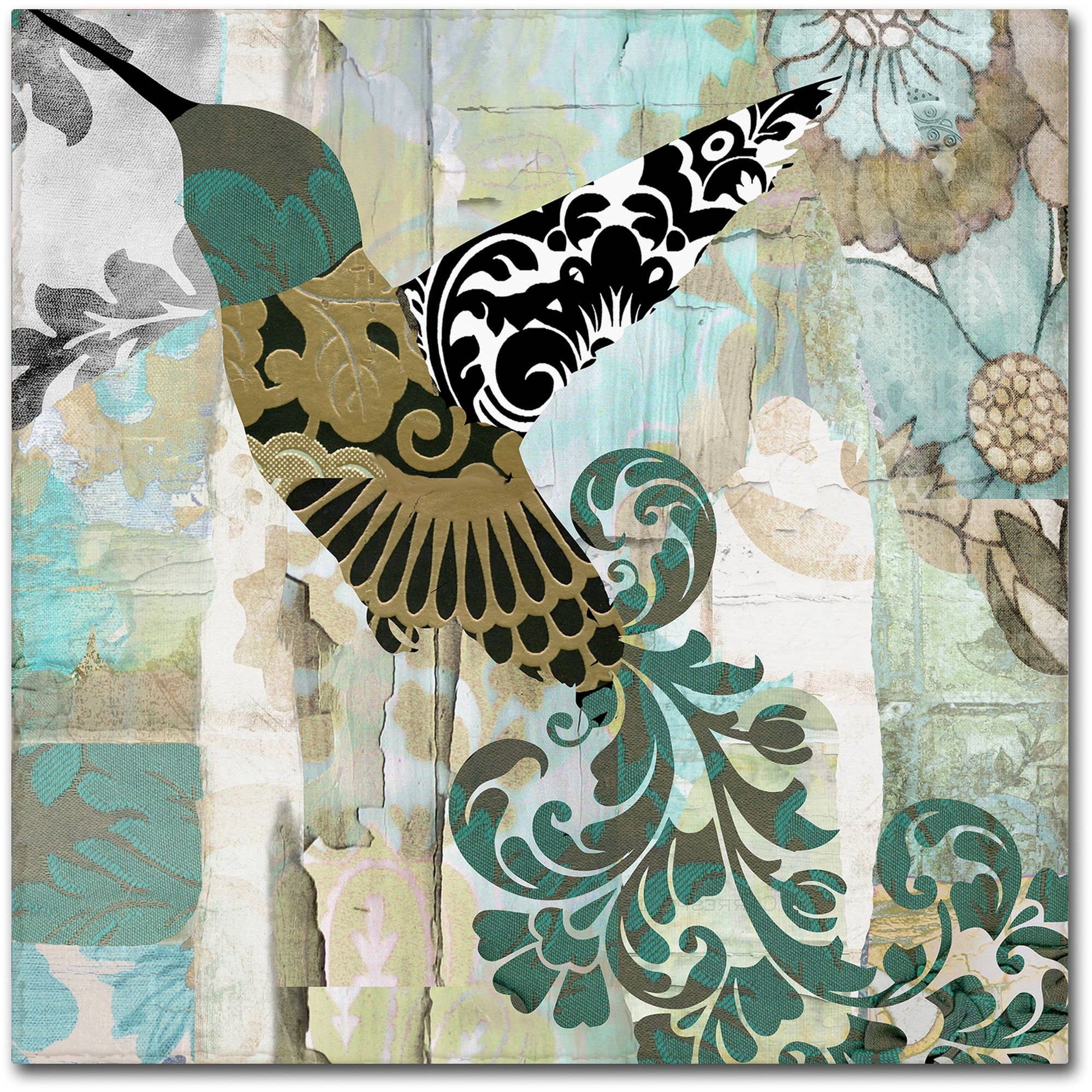 Vintage Hummingbird Batik Canvas Art with Wood Frame