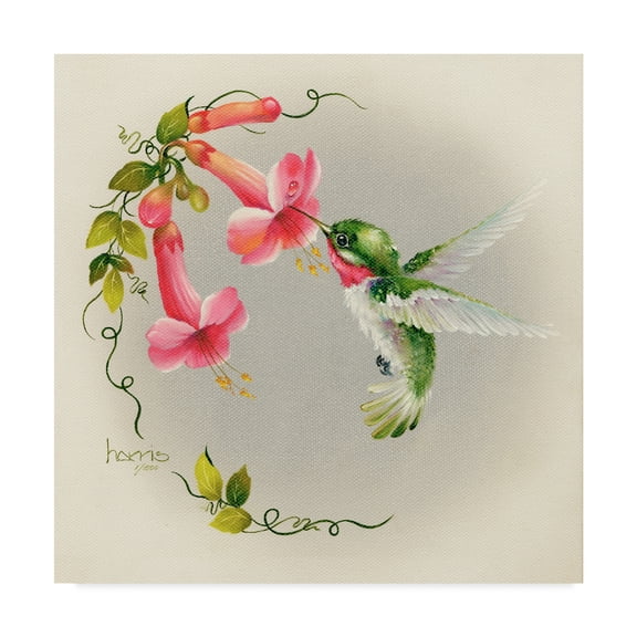 Trademark Fine Art 'Hummingbirds With Trumpet Flowers' Canvas Art by Peggy Harris