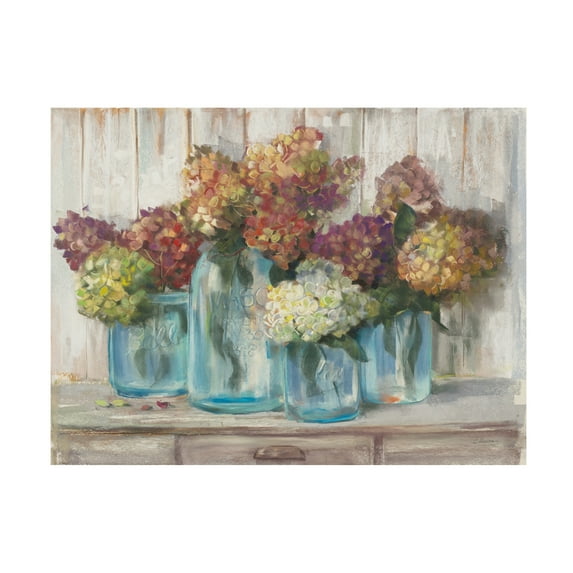 Trademark Fine Art 'Hydrangeas in Glass Jars White Wood' Canvas Art by Carol Rowan
