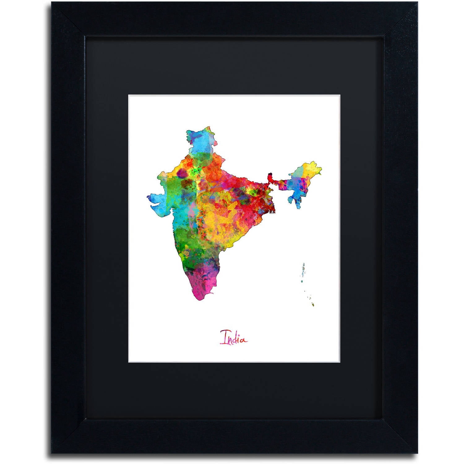 Trademark Fine Art "India Watercolor Map" Canvas Art by Michael Tompsett Black Matte, Black Frame