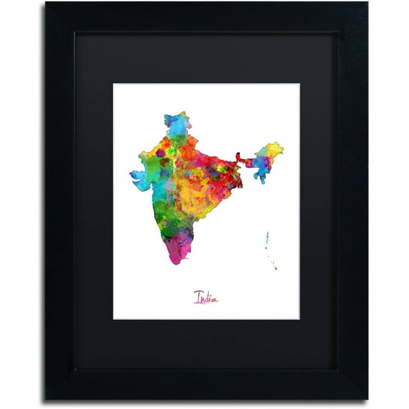 Trademark Fine Art "India Watercolor Map" Canvas Art by Michael Tompsett Black Matte, Black Frame