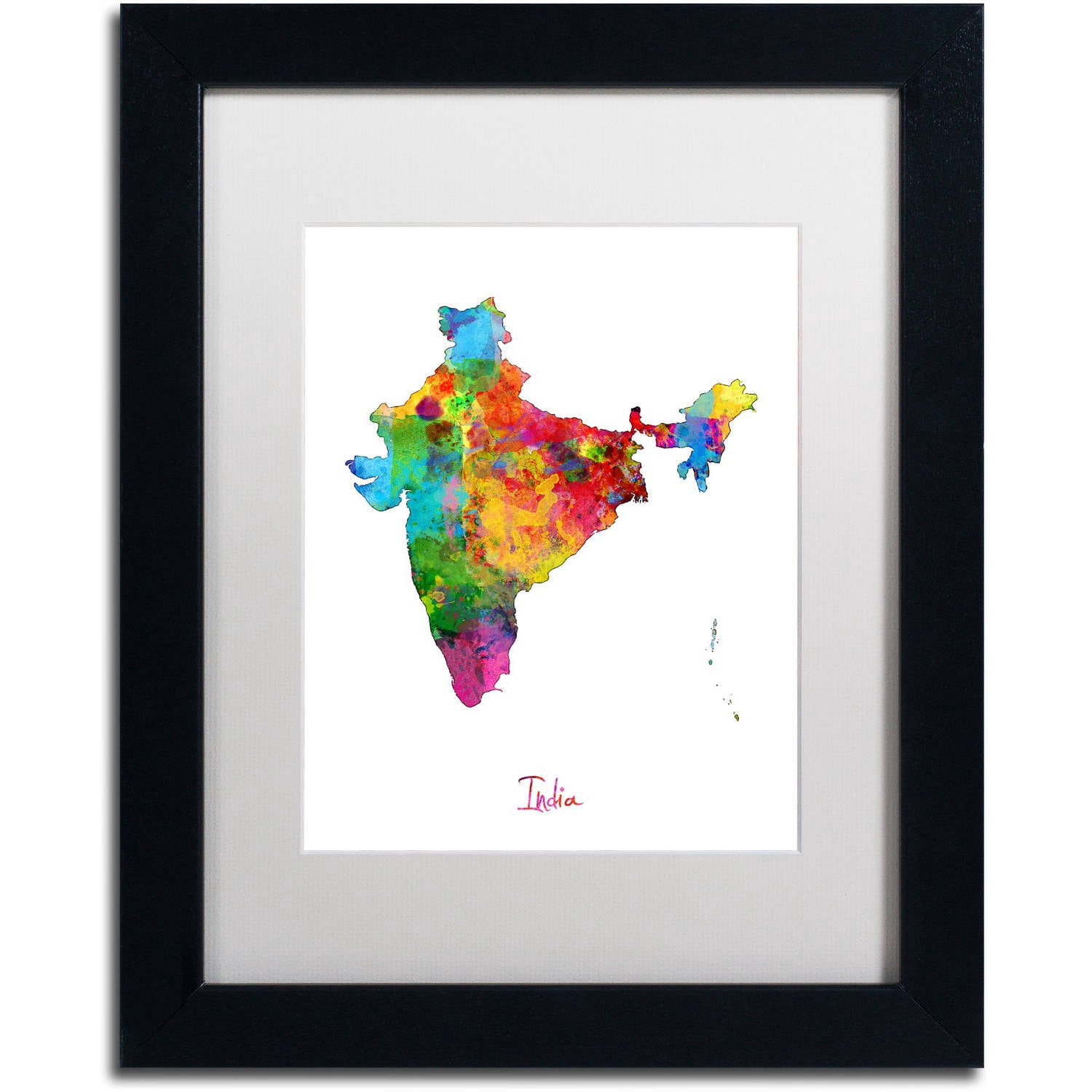 Trademark Fine Art "India Watercolor Map" Canvas Art by Michael Tompsett White Matte, Black Frame