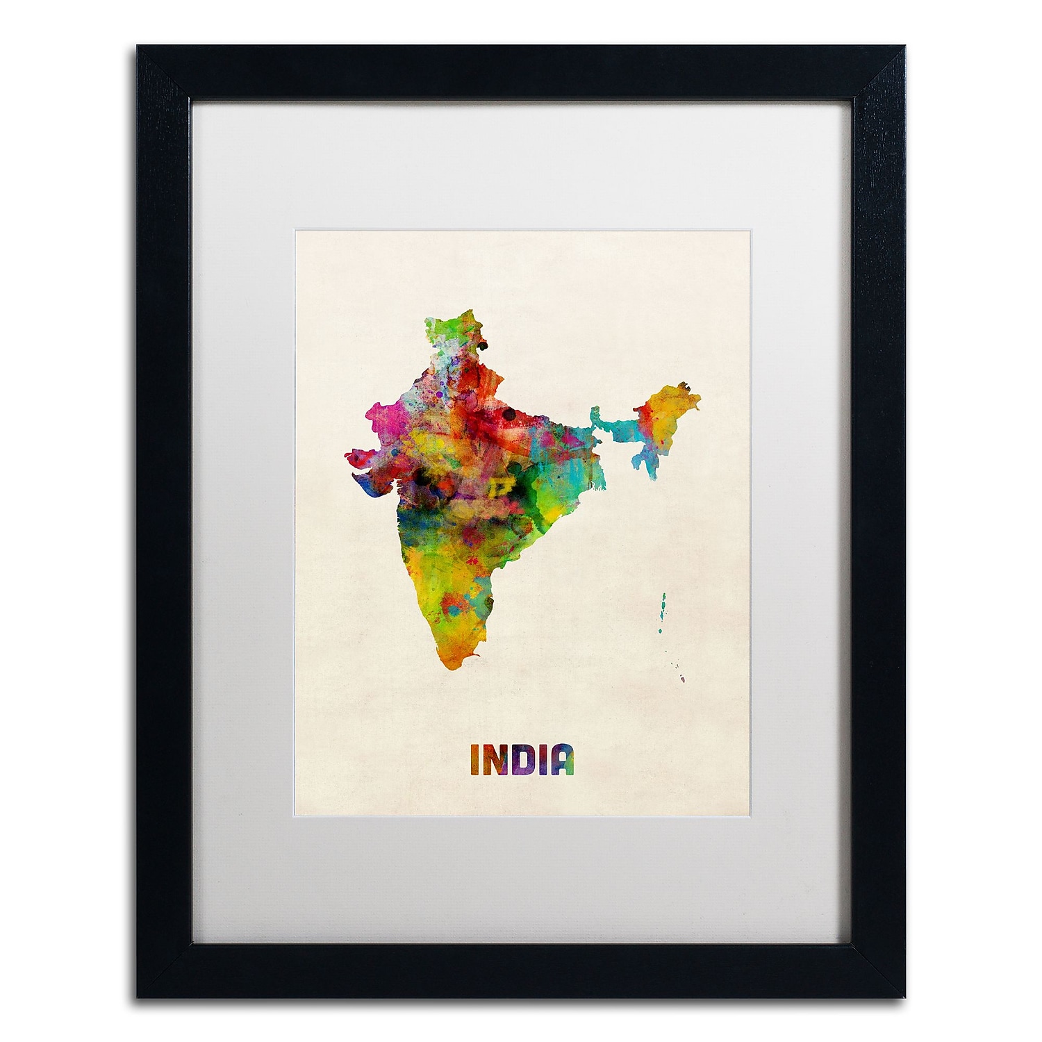 Trademark Fine Art 'India Watercolor Map' Canvas Art by Michael Tompsett, White Matte, Black Frame