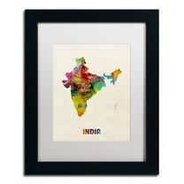 Trademark Fine Art 'India Watercolor Map' Canvas Art by Michael Tompsett, White Matte, Black Frame