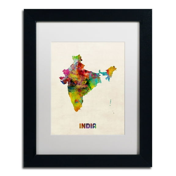 Trademark Fine Art 'India Watercolor Map' Canvas Art by Michael Tompsett, White Matte, Black Frame