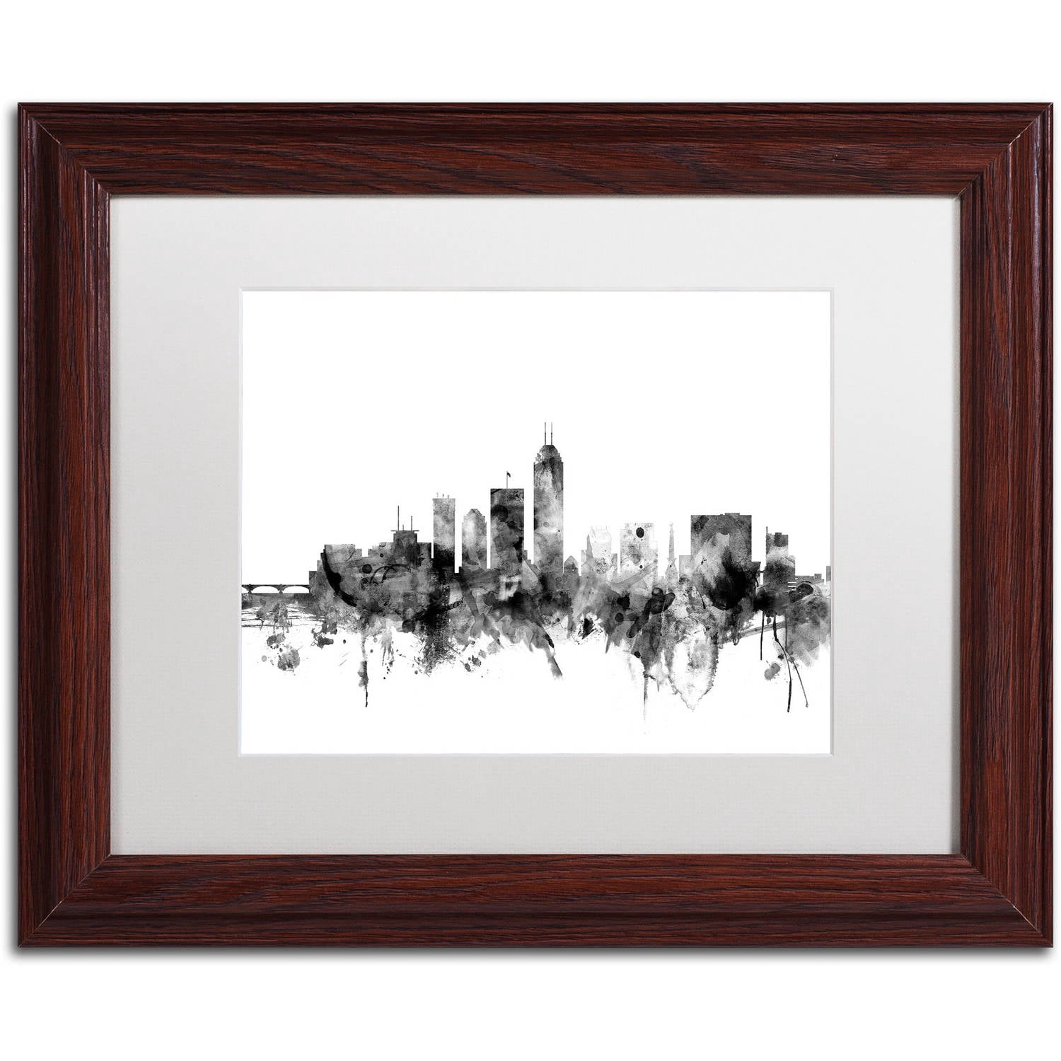 Trademark Fine Art "Indianapolis IN Skyline B&W" Canvas Art by Michael Tompsett, White Matte, Wood Frame
