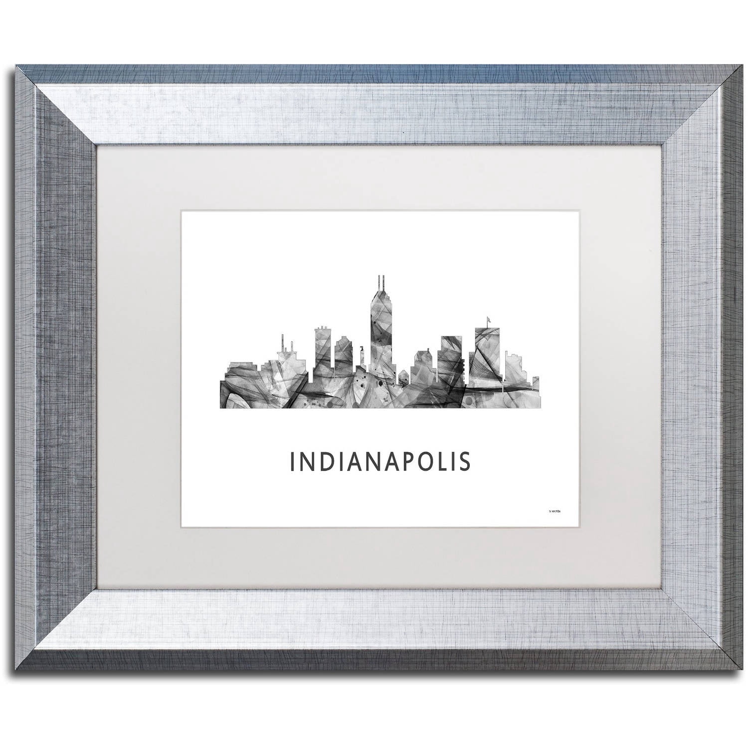 Trademark Fine Art 'Indianapolis Indiana Skyline WB-BW' Canvas Art by Marlene Watson, White Matte, Silver Frame