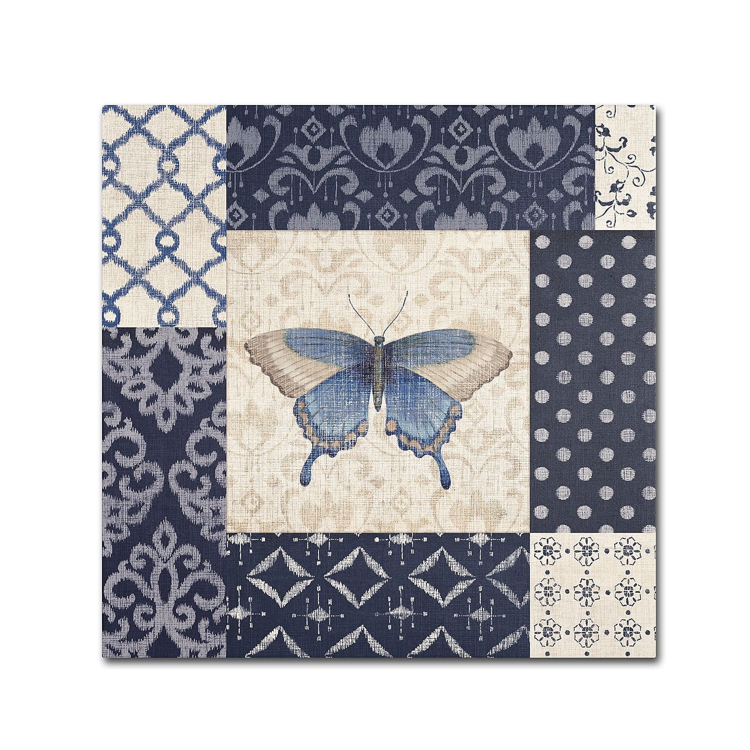 Indigo Blue and Beige Butterfly Square Canvas Art