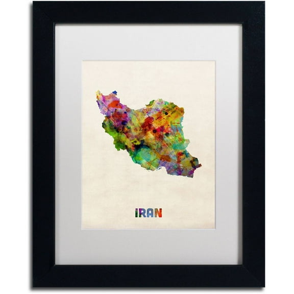 Trademark Fine Art 'Iran Watercolor Map' Canvas Art by Michael Tompsett, White Matte, Black Frame