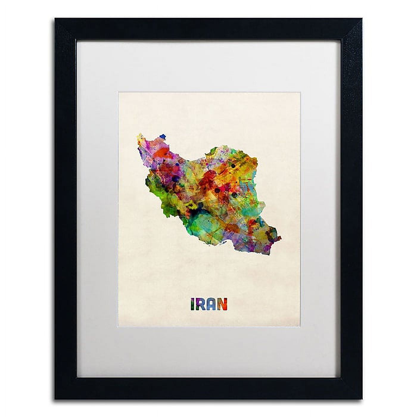 Trademark Fine Art ''Iran Watercolor Map'' by Michael Tompsett 16" x 20" White Matted Black Frame (MT0507-B1620MF)