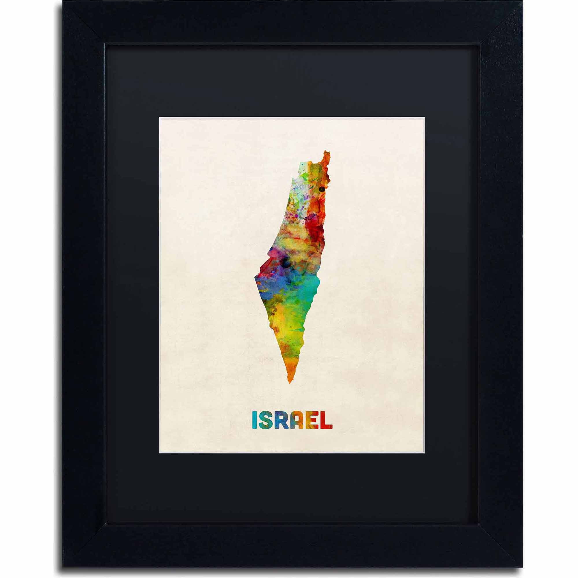 Trademark Fine Art "Israel Watercolor Map" Canvas Art by Michael Tompsett, Black Matte, Black Frame