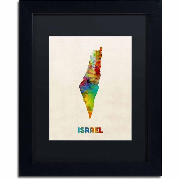 Trademark Fine Art "Israel Watercolor Map" Canvas Art by Michael Tompsett, Black Matte, Black Frame
