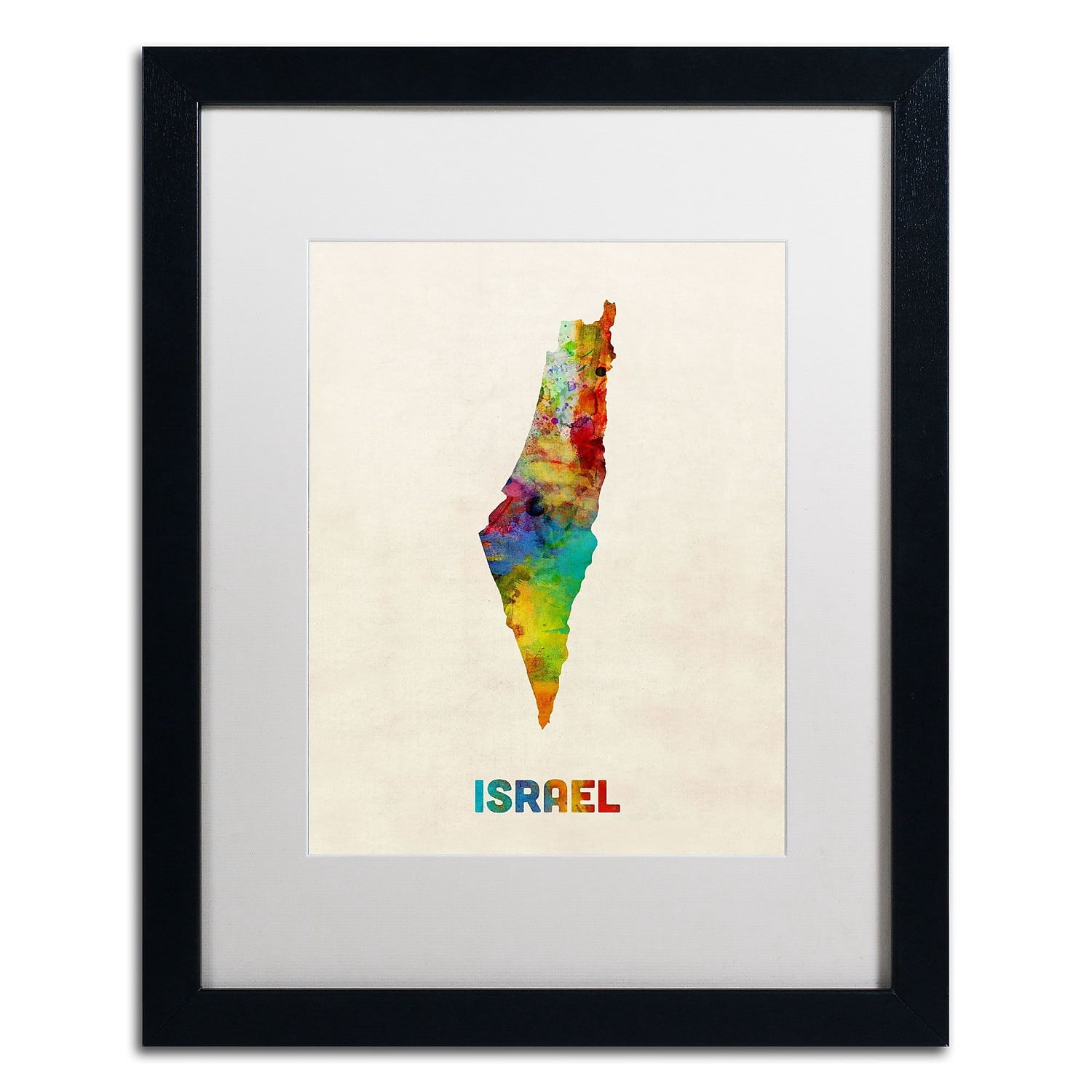 Trademark Fine Art "Israel Watercolor Map" Canvas Art by Michael Tompsett, White Matte, Black Frame