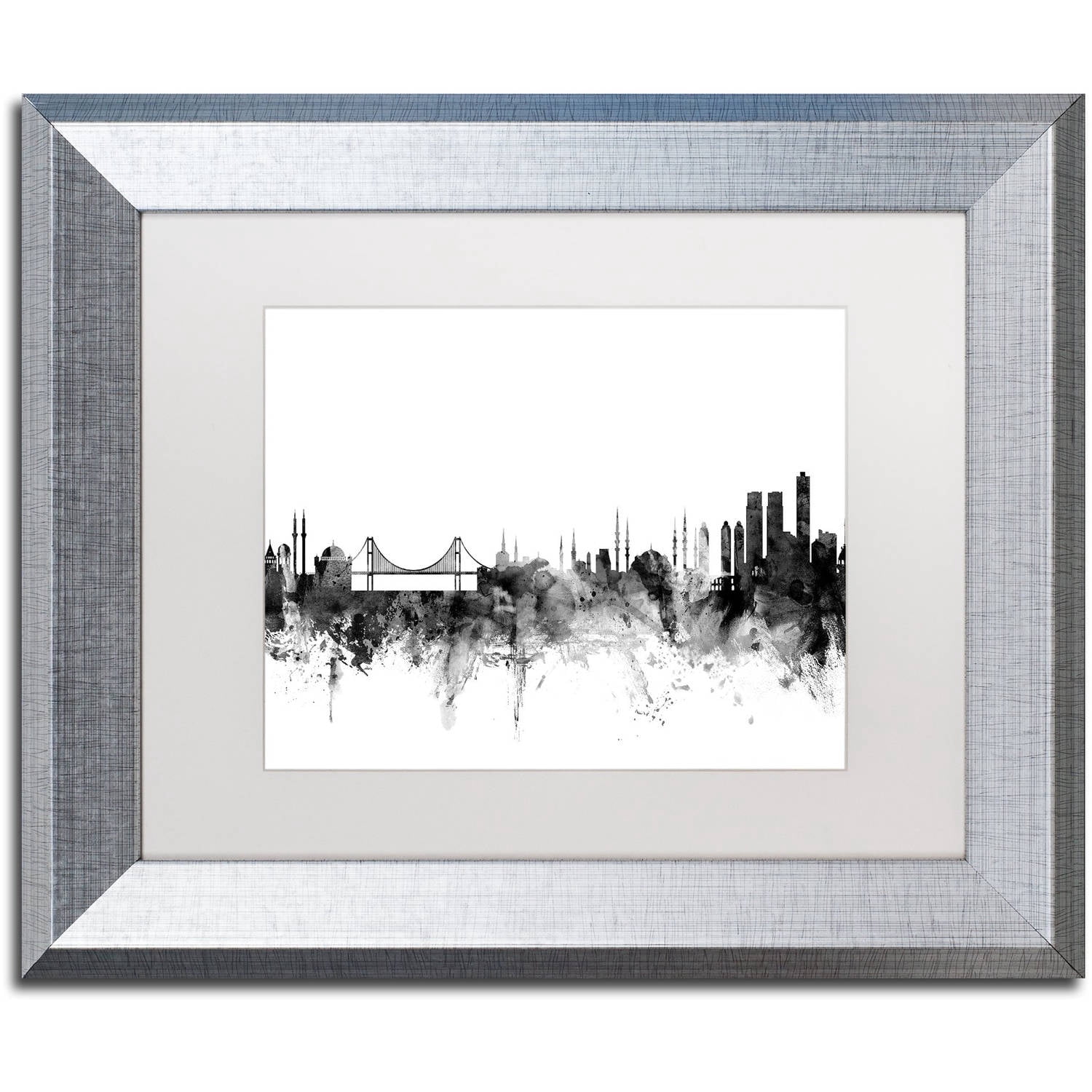 Trademark Fine Art "Istanbul Turkey Skyline B&W" Canvas Art by Michael Tompsett, White Matte, Silver Frame