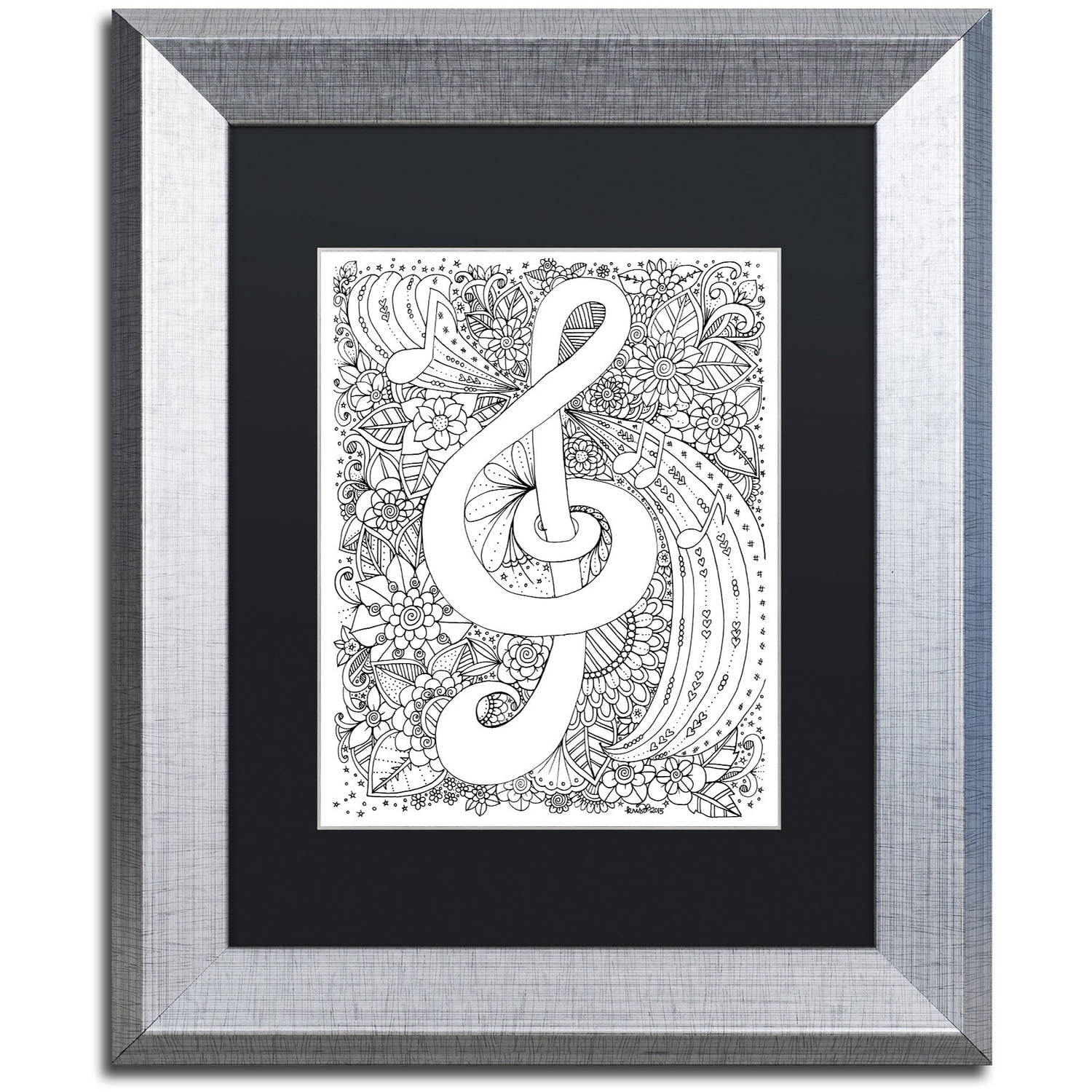 Trademark Fine Art "J-Clef Doodle" Canvas Art by KCDoodleArt Black Matte, Silver Frame