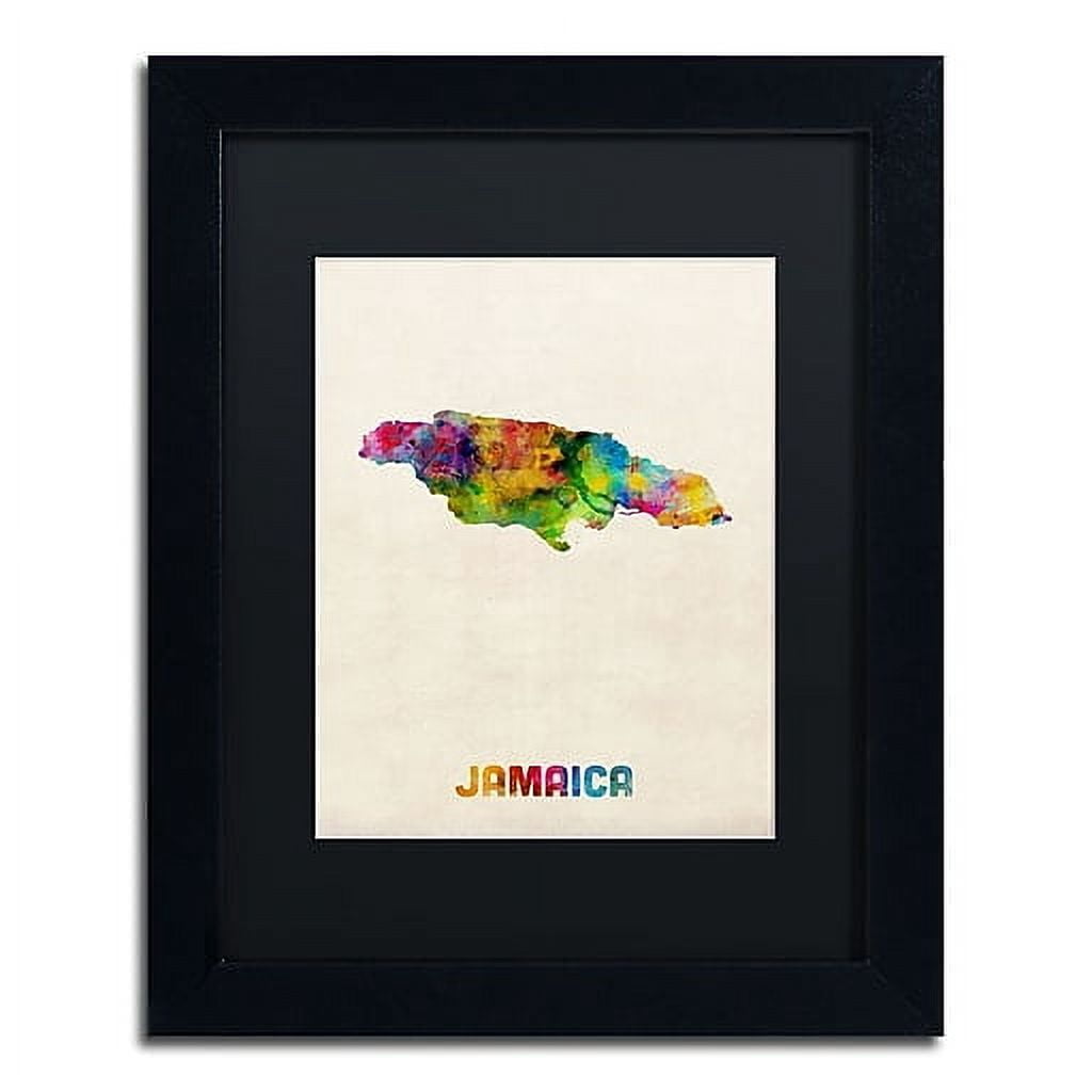 Trademark Fine Art "Jamaica Watercolor Map" Canvas Art by Michael Tompsett Black Matte, Black Frame