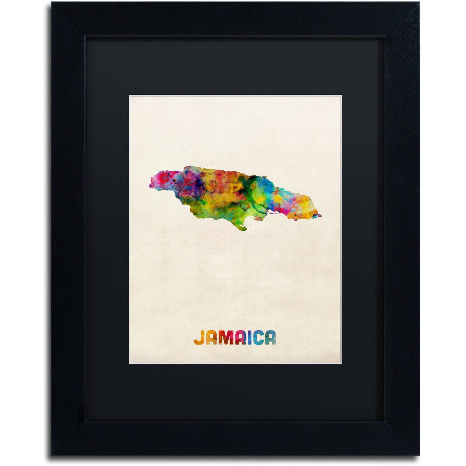 Trademark Fine Art "Jamaica Watercolor Map" Canvas Art by Michael Tompsett Black Matte, Black Frame