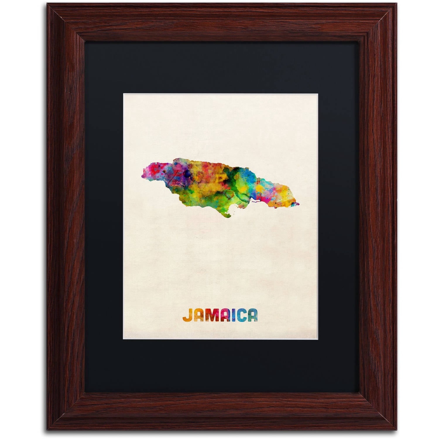 Trademark Fine Art "Jamaica Watercolor Map" Canvas Art by Michael Tompsett Black Matte, Wood Frame