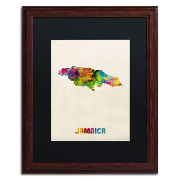 Trademark Fine Art ''Jamaica Watercolor Map'' by Michael Tompsett 16" x 20" Black Matted Wood Frame