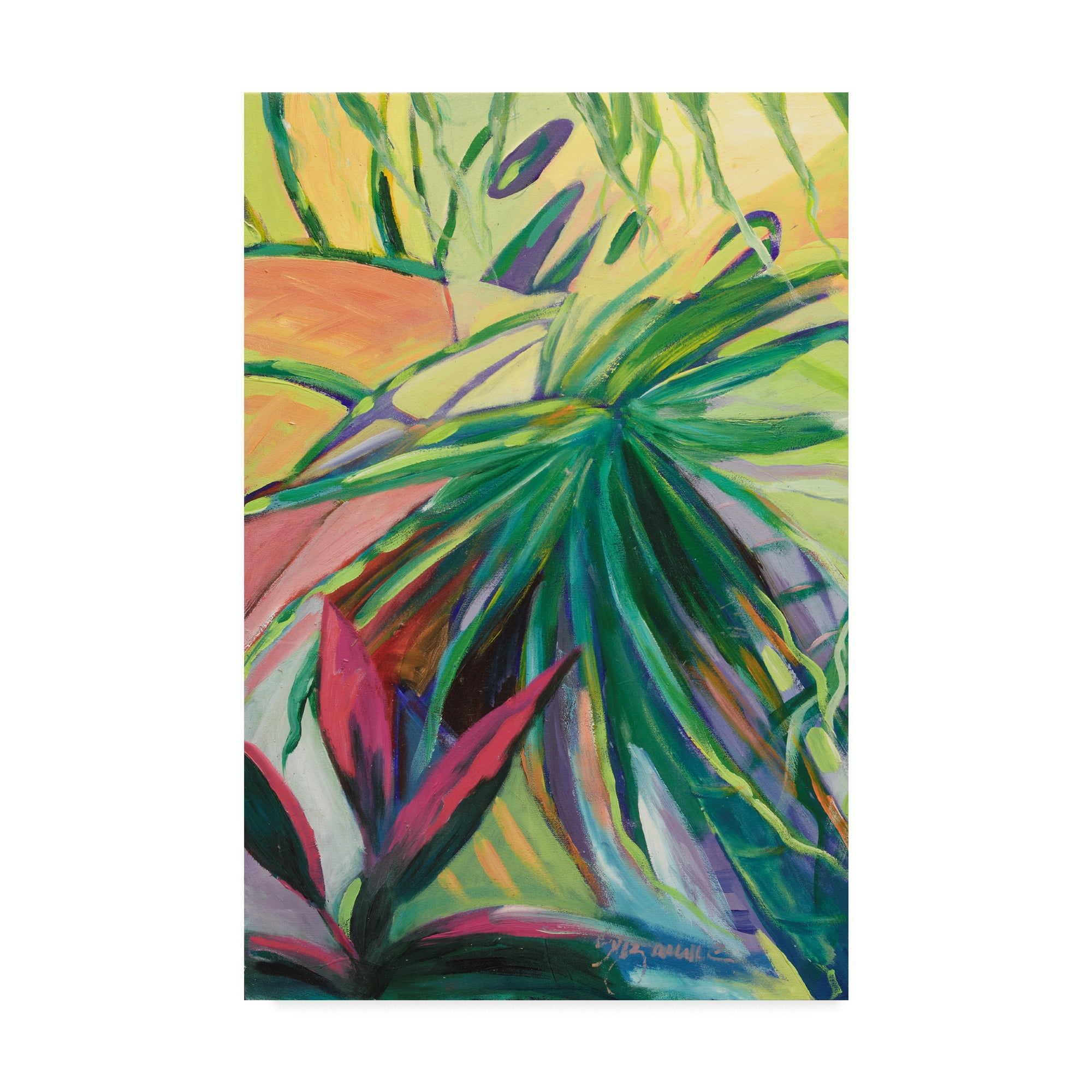 Large Multicolor Canvas Art with Palm Leaves in Wooden Frame
