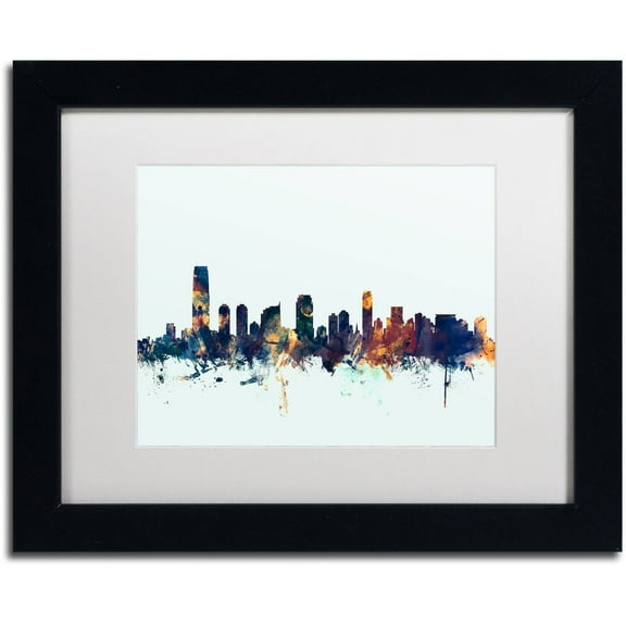 Trademark Fine Art "Jersey City NJ Skyline Blue" Canvas Art by Michael Tompsett, White Matte, Black Frame