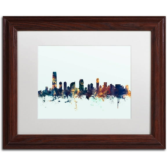 Trademark Fine Art "Jersey City NJ Skyline Blue" Canvas Art by Michael Tompsett, White Matte, Wood Frame