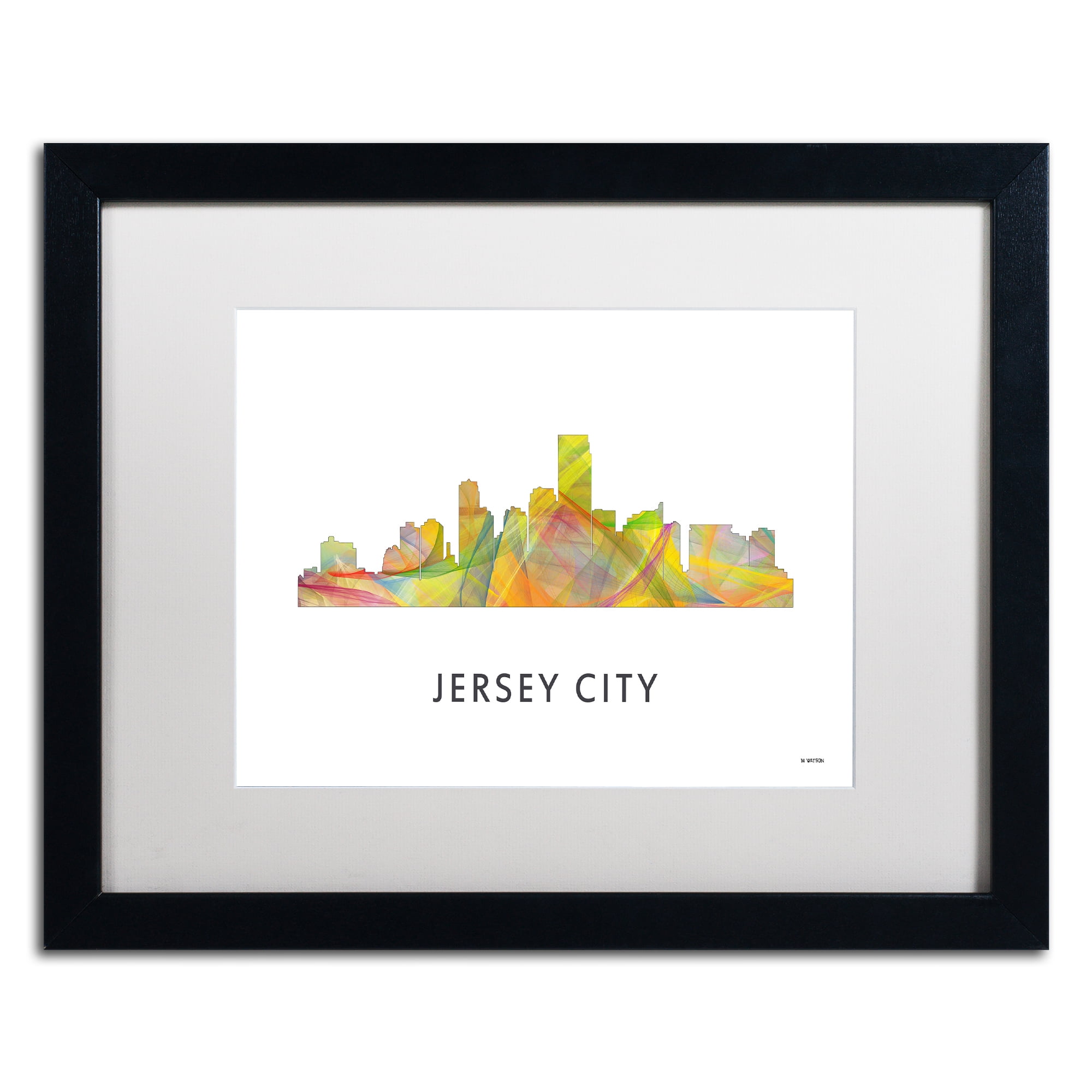 Trademark Fine Art 'Jersey City NJ Skyline WB-1' Canvas Art by Marlene Watson, White Matte, Black Frame
