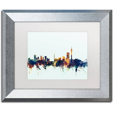 Trademark Fine Art "Johannesburg Skyline Blue" Canvas Art by Michael Tompsett, White Matte, Silver Frame