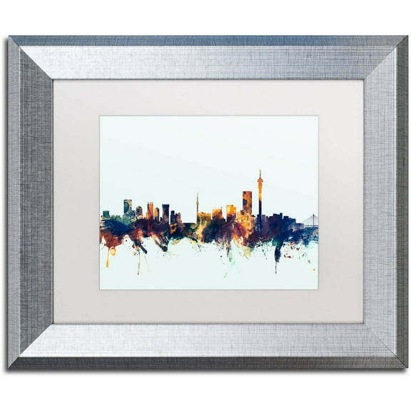 Trademark Fine Art "Johannesburg Skyline Blue" Canvas Art by Michael Tompsett, White Matte, Silver Frame