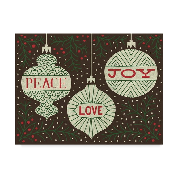 Trademark Fine Art 'Jolly Holiday Ornaments Peace Love Joy' Canvas Art by Michael Mullan
