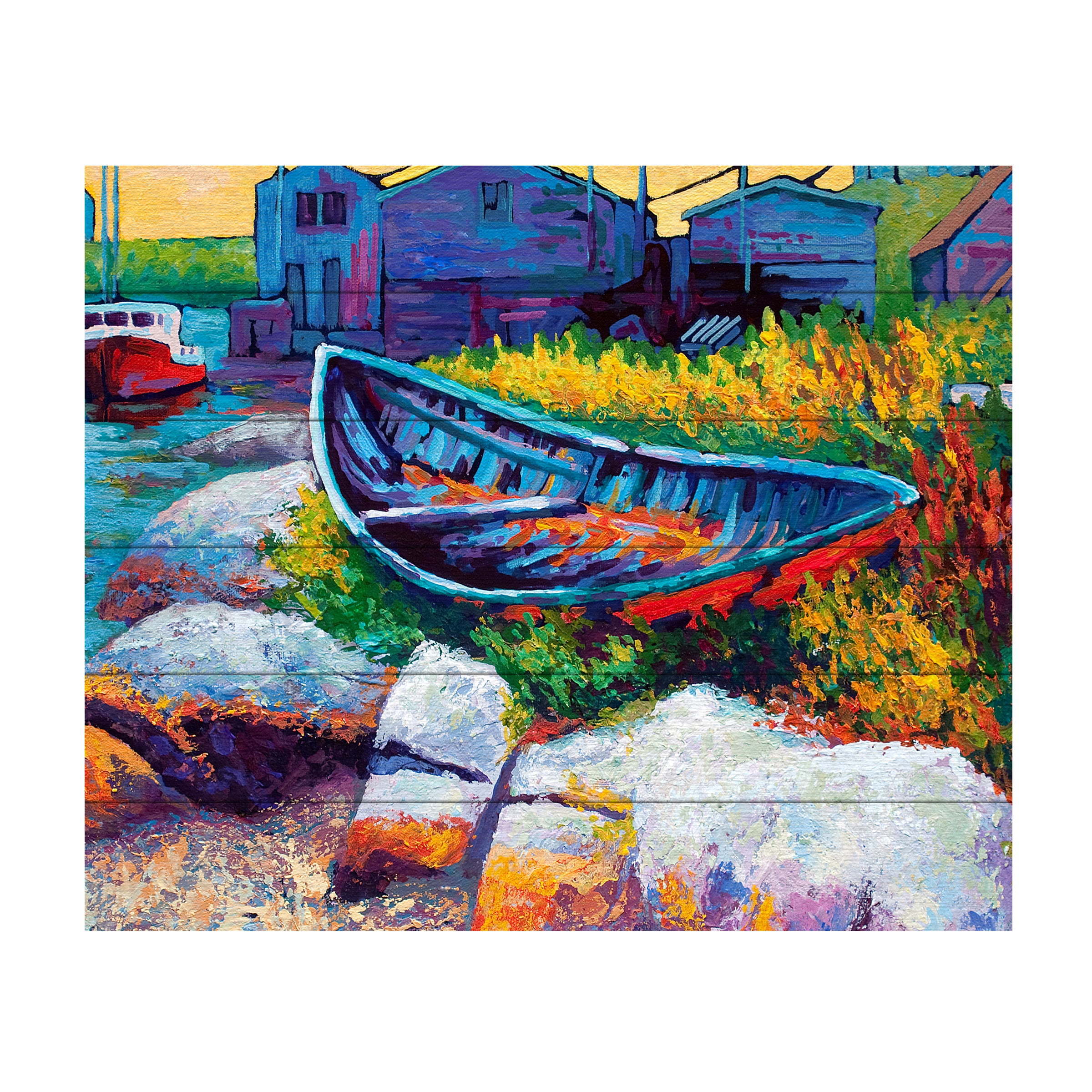 Colorful Coastal Boat Scene on Hardwood Canvas Wall Art