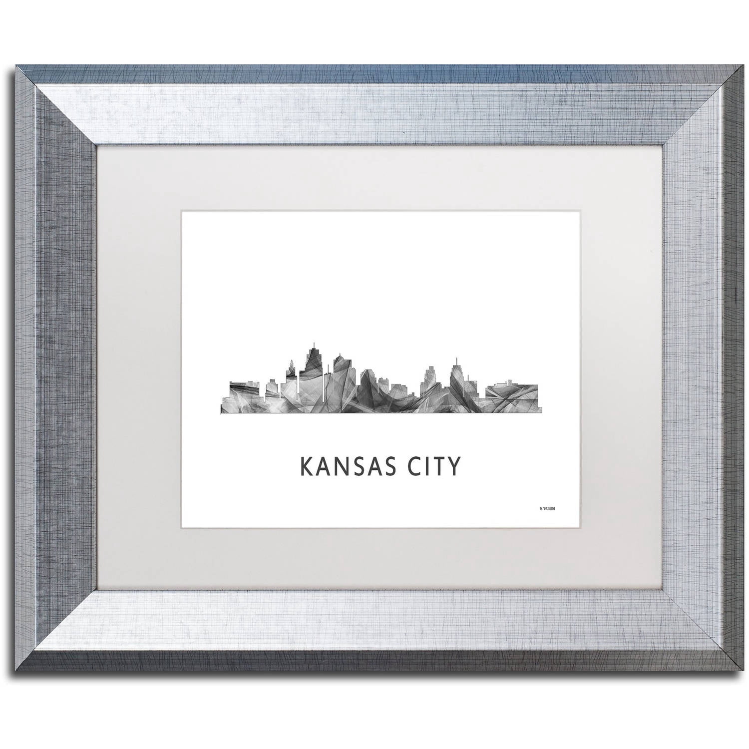 Trademark Fine Art 'Kansas City Missouri Skyline WB-BW' Canvas Art by Marlene Watson, White Matte, Silver Frame
