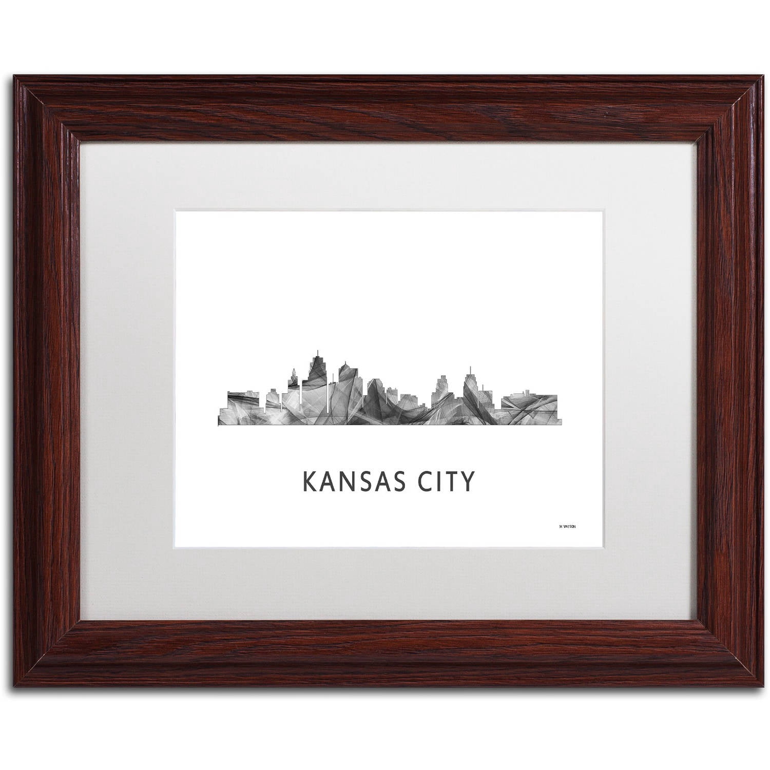 Trademark Fine Art 'Kansas City Missouri Skyline WB-BW' Canvas Art by Marlene Watson, White Matte, Wood Frame
