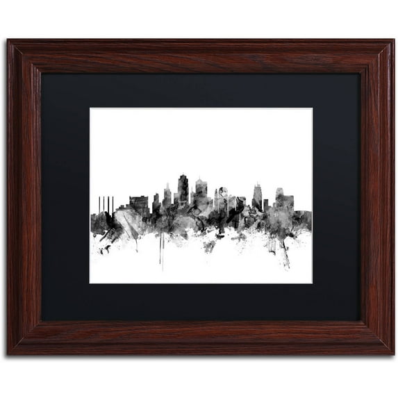 Trademark Fine Art "Kansas City Skyline B&W" Canvas Art by Michael Tompsett, Black Matte, Wood Frame